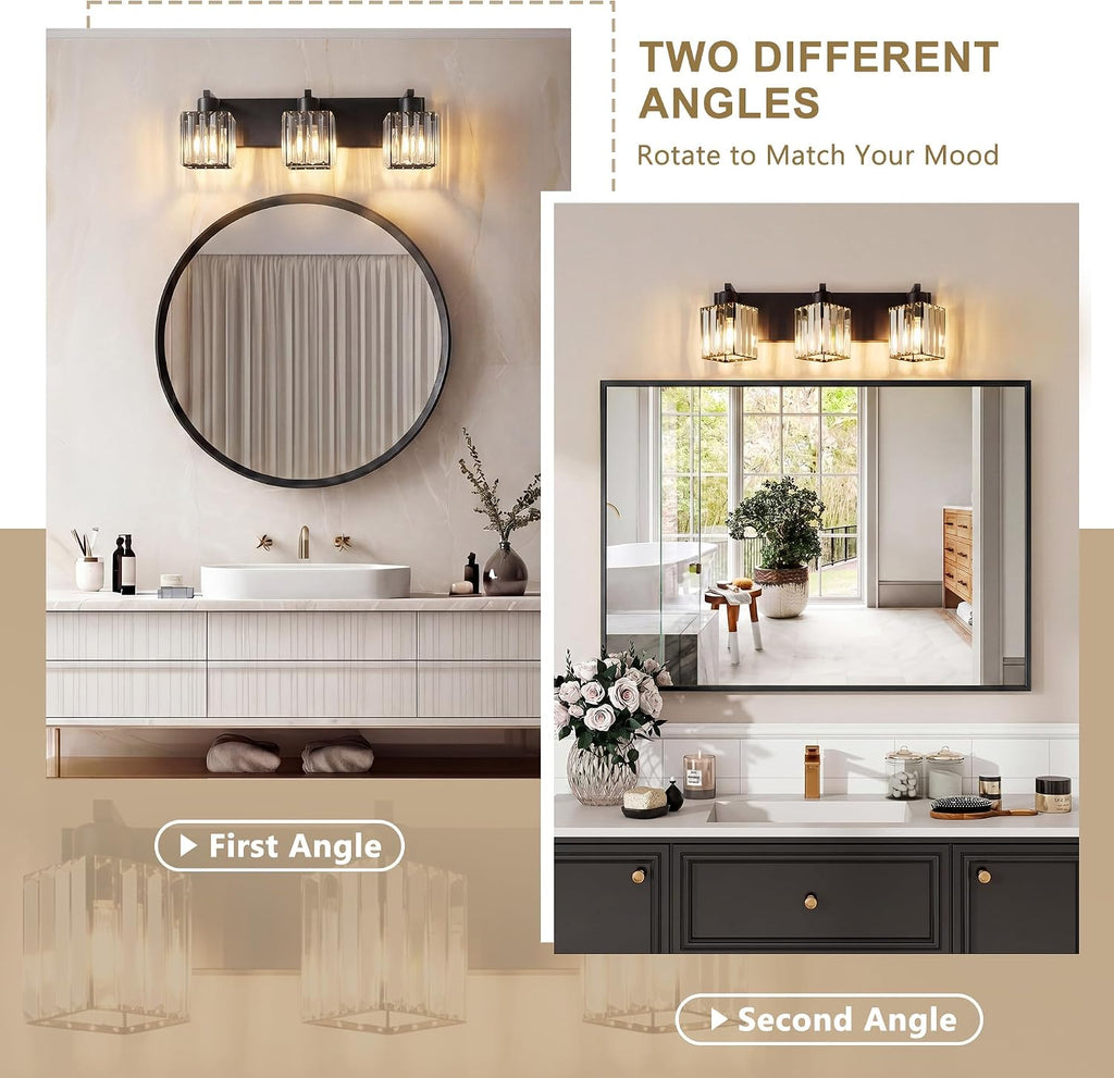 Modern Bathroom Vanity Light, 3-Light K9 Crystal Bathroom Lighting Fixtures Over Mirror, Black Vanity Light with