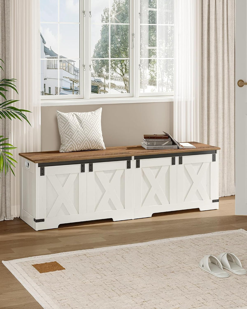 59" Storage Bench, Lift Top, 268L/70 Gal Large Chest | | Retro White, Farmhouse, FSC Wood, 330lb, Double Hinges