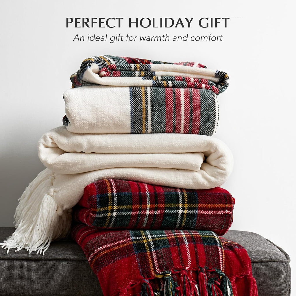 Chenille Christmas Throw Blanket, 50"x60", Red Stewart Plaid