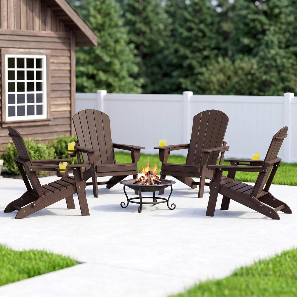 HDPE Folding Adirondack Chair with Cup Holder, Coffee | All-Weather Upgraded, Premium Wood Grain Texture,380lbs