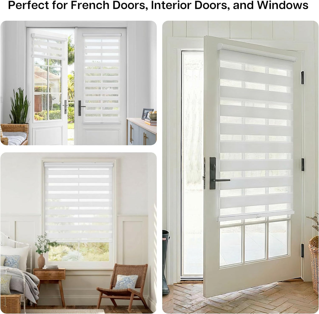 No Drill Zebra Blinds for French Door, White| Cordless Blinds for Door with Covering Width