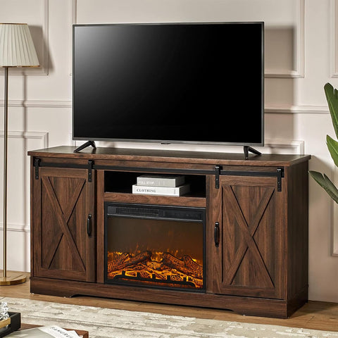 59 Inch Farmhouse Fireplace TV Stand for TVs up to 65 Inches, Entertainment Center with Sliding Barn Door, Storage Cabinets and Adjustable Shelves, Dark Walnut