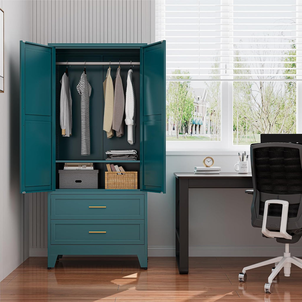 Metal Armoire Wardrobe Closet, Bedroom Armoires with Drawers | 71'' Metal Wardrobe Cabinet with 2 Doors and 2