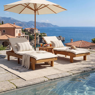 Patio Chaise Lounge Chair with Water-Resistant Cushion Set of 2, 77'' Acacia Wood Adjustable Reclining Chaise