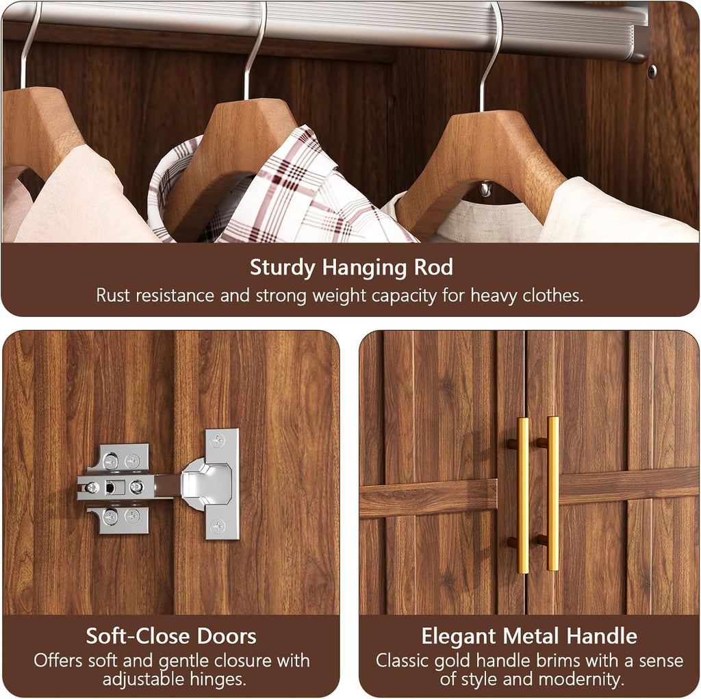 Armoire Wardrobe Closet with 2 Drawers, 3 Open Shelves, Sensor Light, 71" Tall Bedroom Armoire with Hanging Hooks and