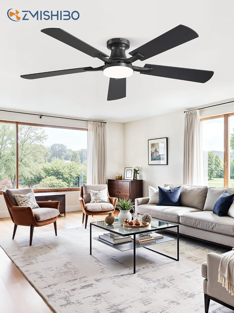 52 Inch Ceiling Fan with Light, App&Remote Control, Flush Mount Low Profile, Dimmable 20W LED Light, Quiet Reversible Motor for Bedroom, Living Room, Apartment, Black