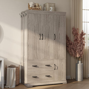 Wardrobe Closet, 70" Tall 4 Doors Large Wooden Closet with 2 Drawers, 3 Shelves Bedroom Armoire with Hanging Rod
