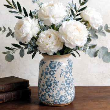 Vintage Blue and White Chinoiserie Ceramic Vase, 6.9" Hand-Painted Peony Floral Design, Antique Style Vases