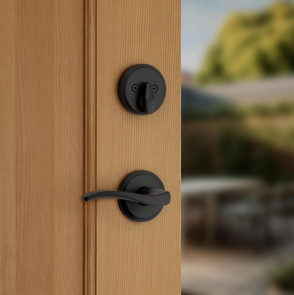Prescott Front Door Lock Handle and Deadbolt Set, Entry Handleset Exterior with Sedona Reversible Lever, Matte Black - Door Handleset
