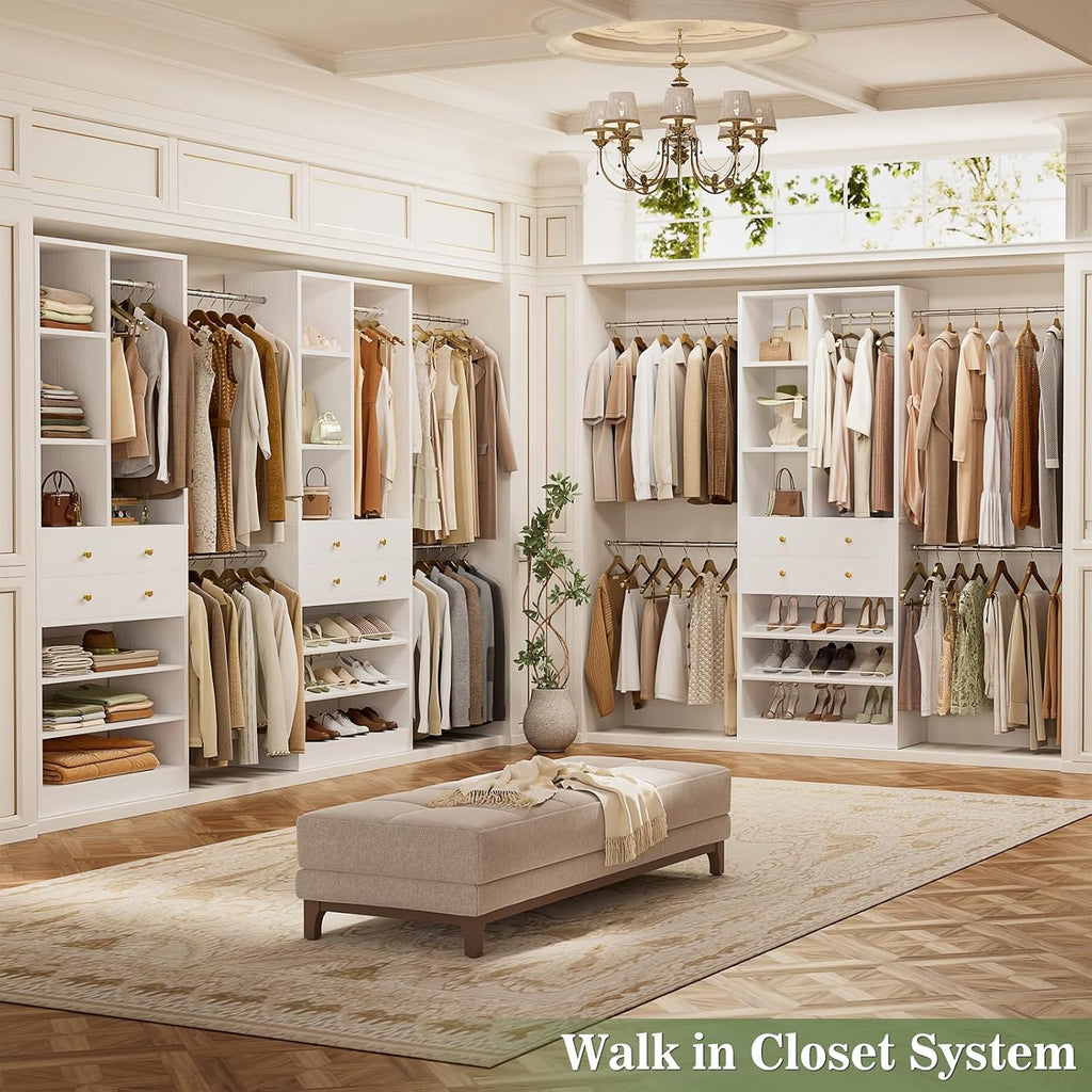 Closet System, Up to 134"/11.2 FT Closet Organizer with 4 Wooden Drawers and Shelves, Walk-in Closet System with 6