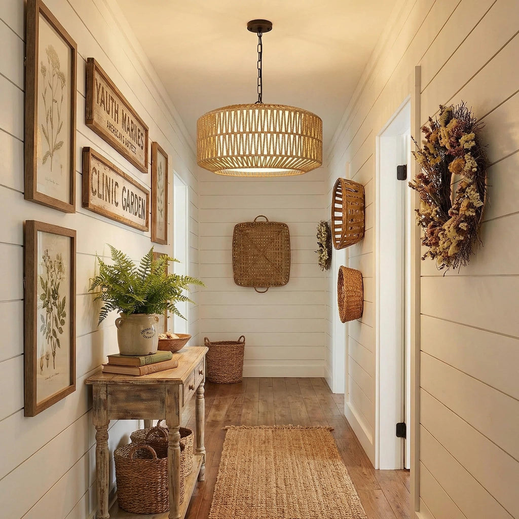19" Rattan Chandelier, Boho Dining Room Light Fixture