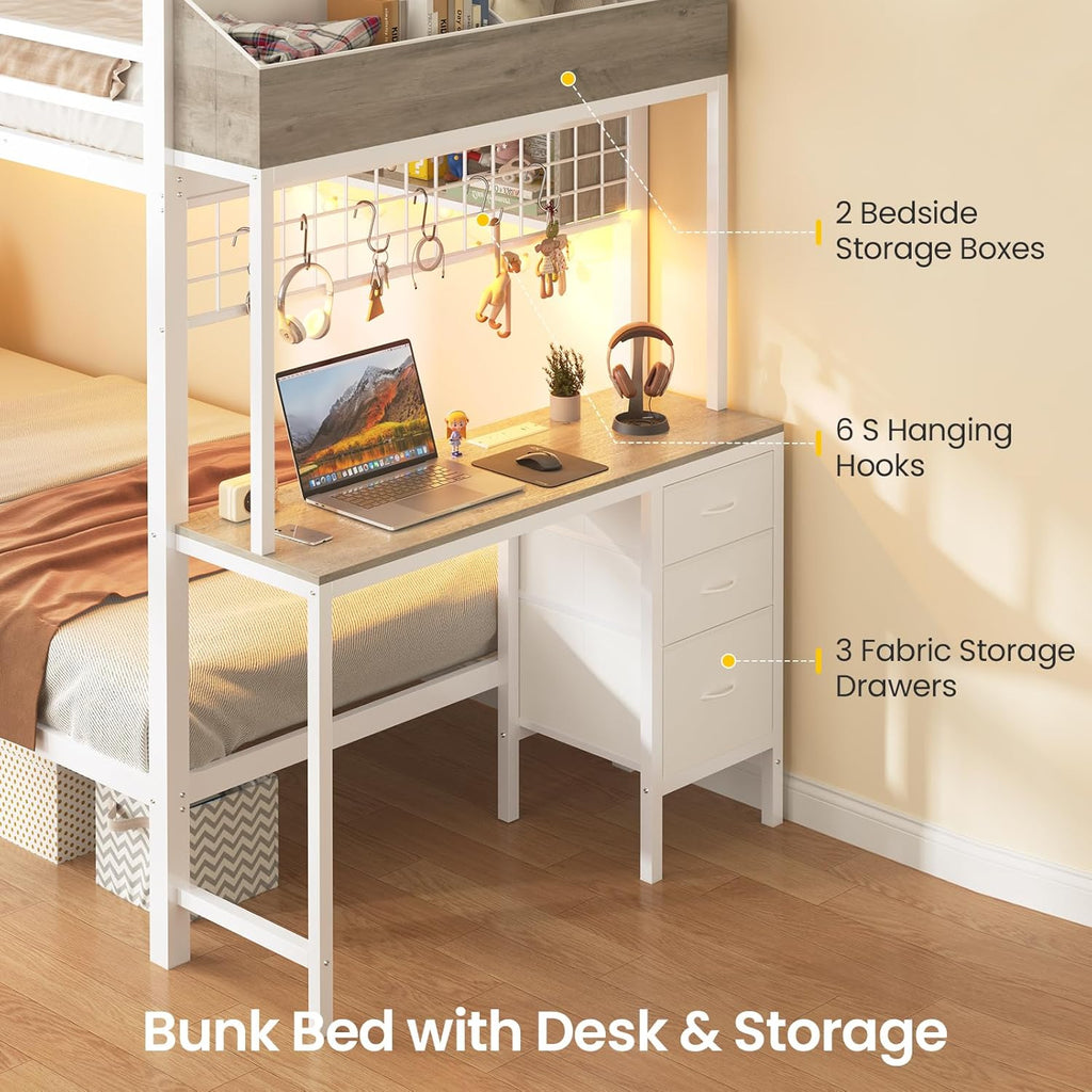 Bunk Bed Twin Over Twin with Charging Station and LED Lights