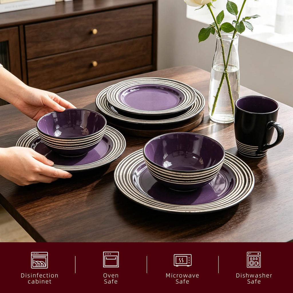 16 Piece Dinnerware Set, Ceramic Plates and Bowls Sets for 4, Microwave and Dishwasher Safe, Handcrafted Tree Bark