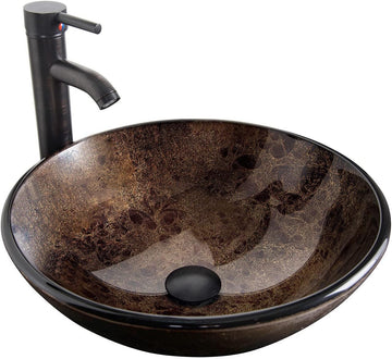 Bathroom Artistic Vessel Sink, Tempered Glass Vanity Round Bowl with Oil Rubber Bronze Faucet and Pop up drain Set, Brown