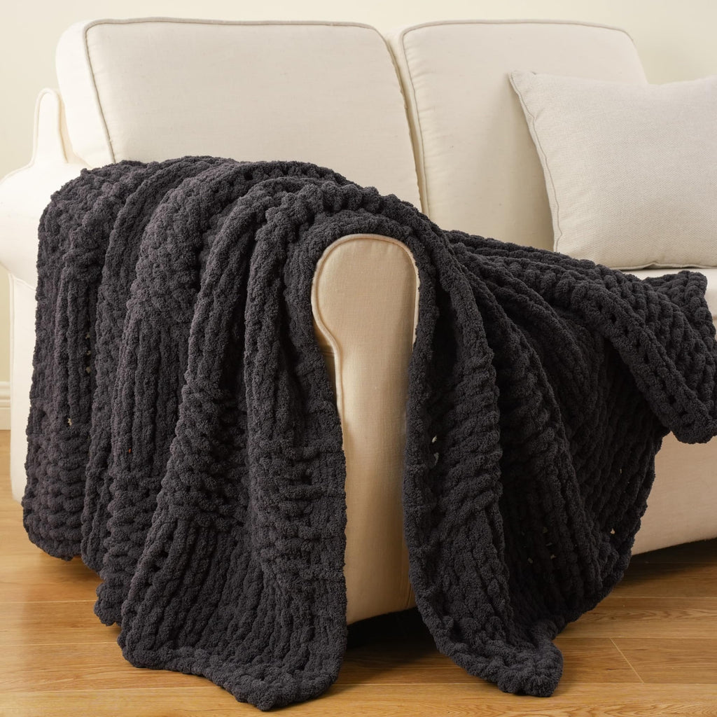 Chunky Knit Throw Blanket for Couch, 50"x60", Charcoal