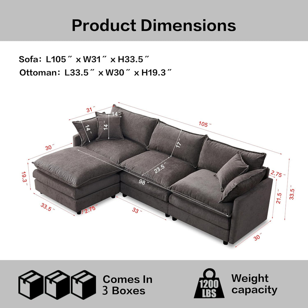 105" Oversized Modular Cloud Sectional Sofa Free Convertible L-Shaped Corner Sectional with Movable Ottoman, Chenille