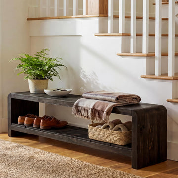 Solid Wood Entryway Bench with Shoe Storage, 59.06-Inch Long Shoe Bench with Open Shelf, Farmhouse End of Bed Seating