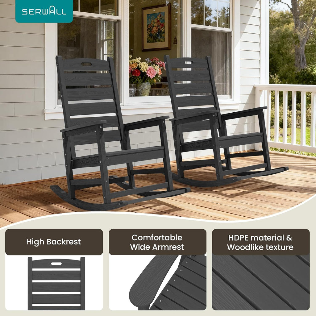2-Pc Rocking Chair Set with Footboard, HDPE, 350lbs Cap, Gray | Oversized HDPE Rocking Chair with Footrest for