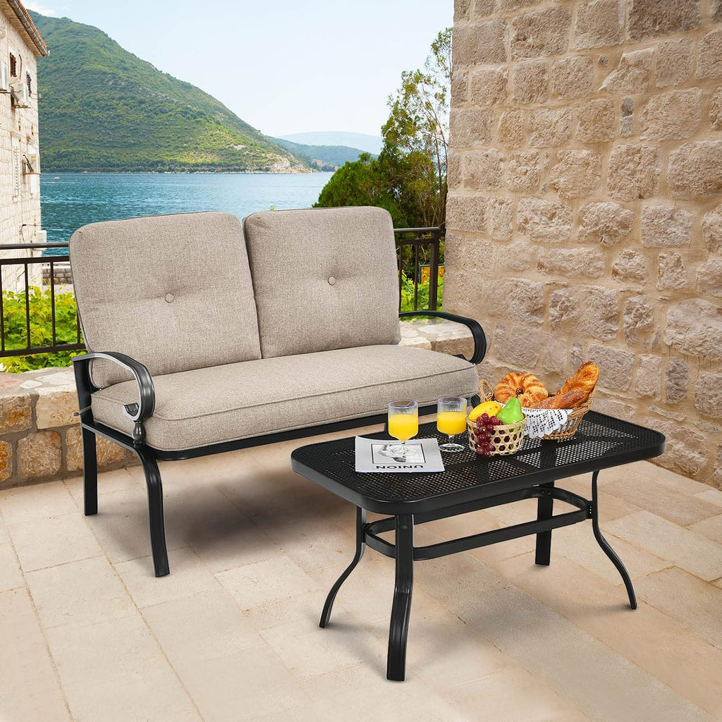 Patio Loveseat with Coffee Table - 2-Piece Patio Conversation Sofa Set w/Backrest & Cushions, Modern Outdoor Glider