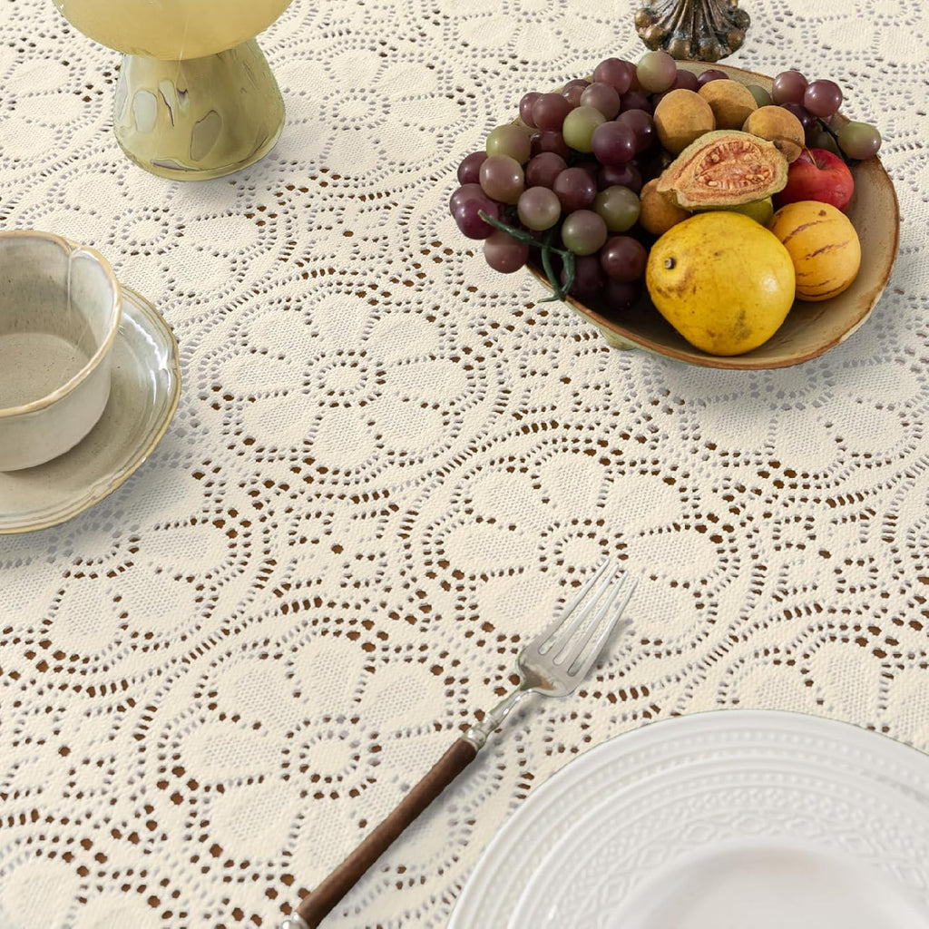 Boho Crochet Tablecloth Rectangle 60 x 84 Inch Beige Farmhouse Handmade Embroidered Cotton Lace Tabl