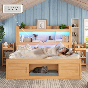 Twin Daybed with Bookcase Headboard & Hidden Bedside Racks, Oak