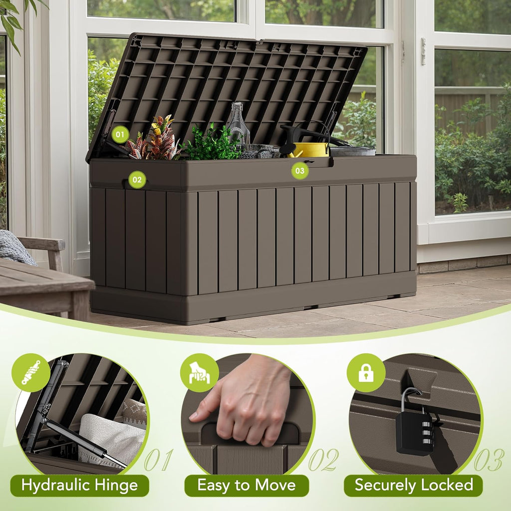 78 Gallon Deck Box, Waterproof Resin Outdoor Storage Box | Outdoor Storage Bench Lockable for Outside and Patio