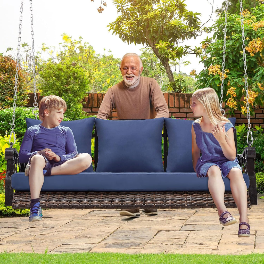 3-Person Wicker Porch Swing Chair Heavy Duty 900 LBS Outdoor Rattan Patio Swing Chair w/Cup-Holder & Steel Chains