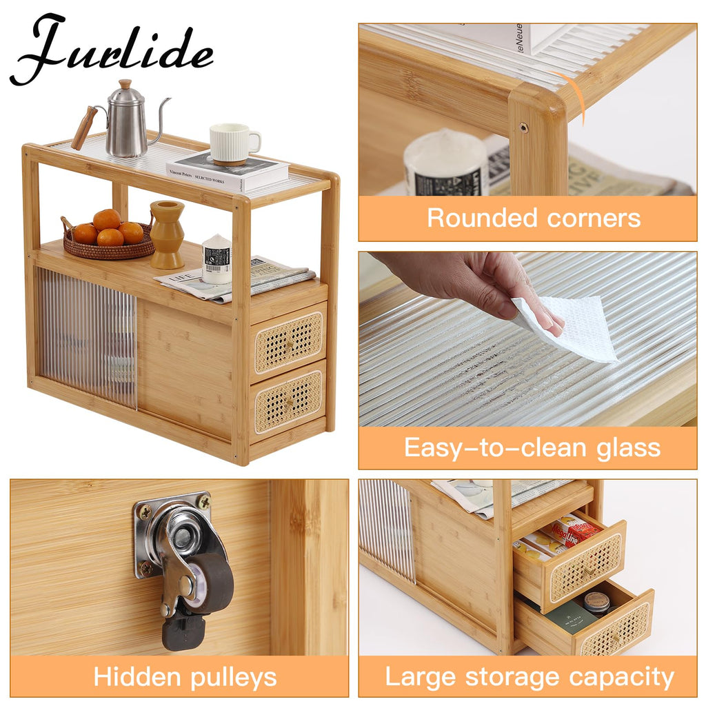 Rattan Nightstand Side Table with Storage, Bamboo Nightstand Bedside Table, Glass Mid Century Modern End Tables for