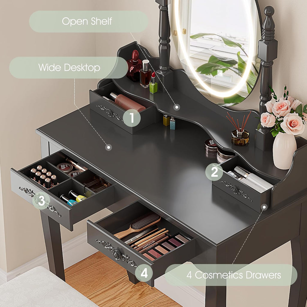 Vanity Desk with Mirror and Lights, Makeup Table with Cushioned Stool Set | Modern Vanity with 4 Drawers, 3 Color