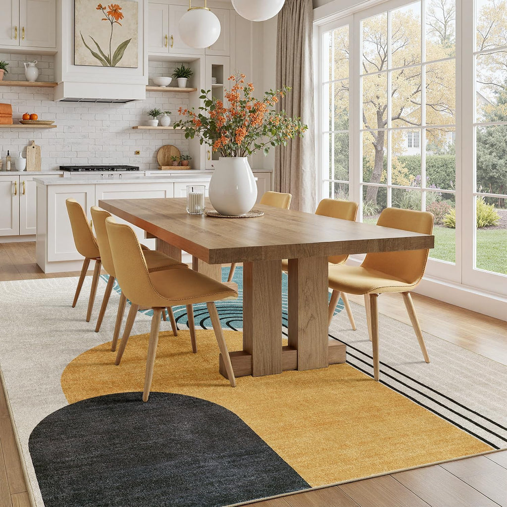 Abstract Machine Washable Rug, Mid Century Modern Rug for Living Room, Soft Low Pile Non Slip Carpet, Kid & Pet