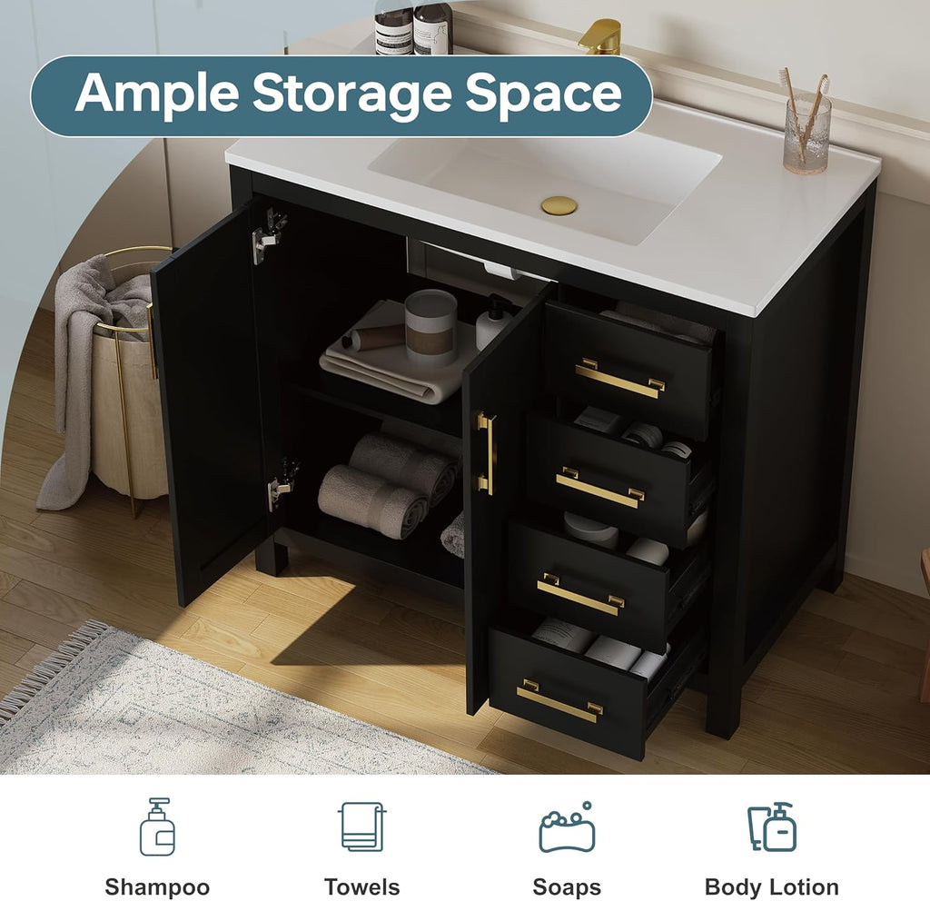 36" Black Single Sink Bathroom Vanity with Integrated Top - Freestanding Vanity Cabinet