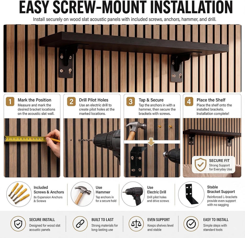 2 Pack Wall Shelves for Wood Slat Acoustic Panels 5.5" x 15.7" Acoustic Wall Shelf Mount Retail Display Shelves Slat