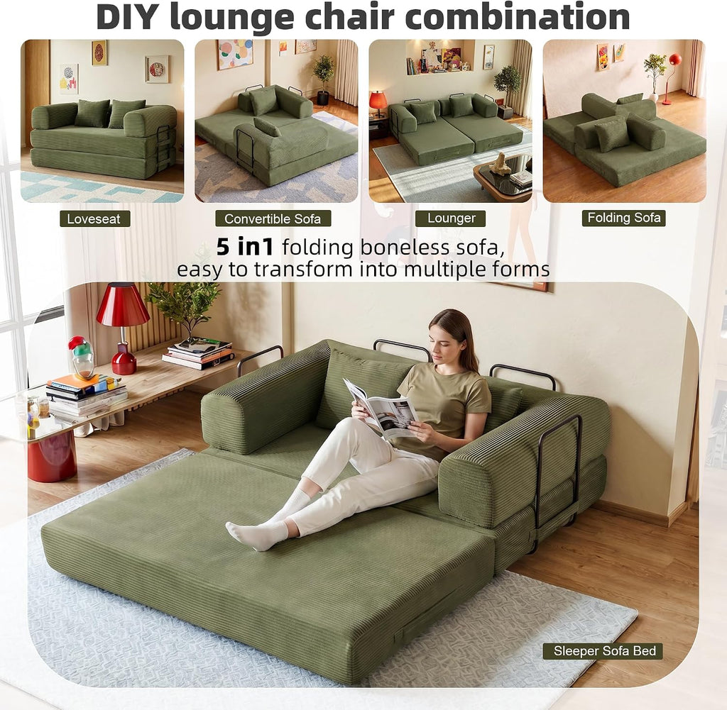 59in Boneless Couch Convertible Futon Sofa Bed Queen for Small Space | Corduroy Boneless Sleeper Sofa, Pull Out