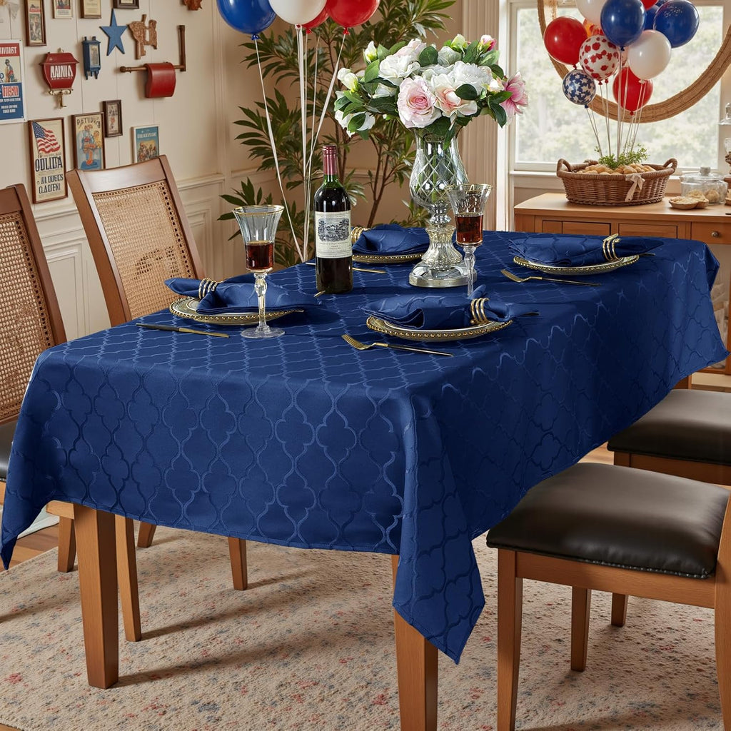 Jacquard Rectangle Tablecloth 60" x 102", Navy Blue Wrinkle Free Spillproof Water Resistant Damask P