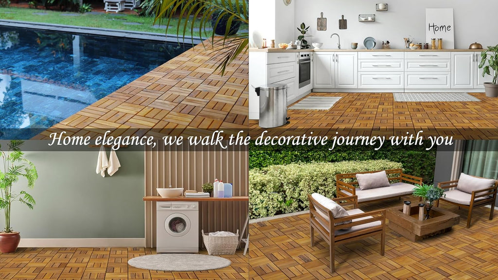 Pack of 10 Deck Tiles - 12"x12" Interlocking Natural Solid Acacia Wood for Outdoor & Indoor, Patio Garden, Balcony