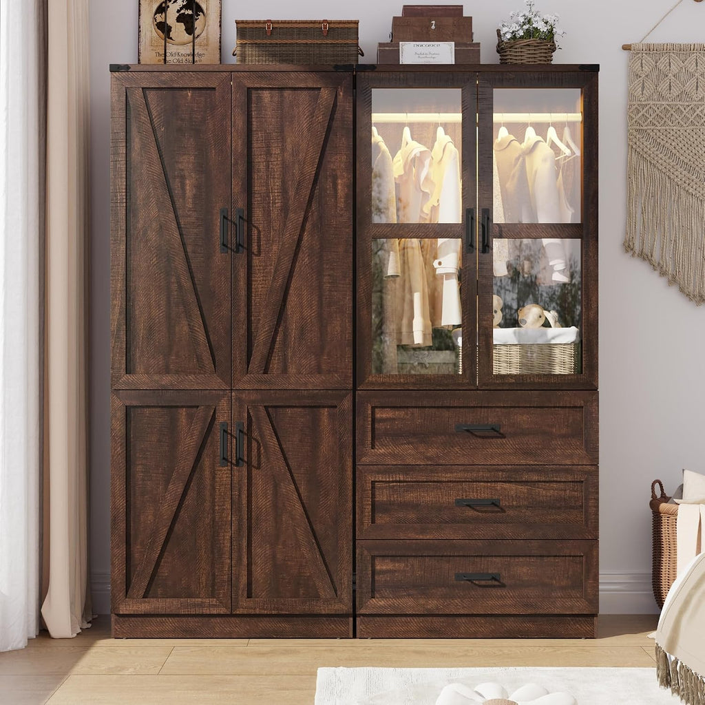 75" Tall Farmhouse 4 Doors Armoire Wardrobe Closet with 3 Drawers and LED,Freestanding Closet Wardrobe Cabinet with