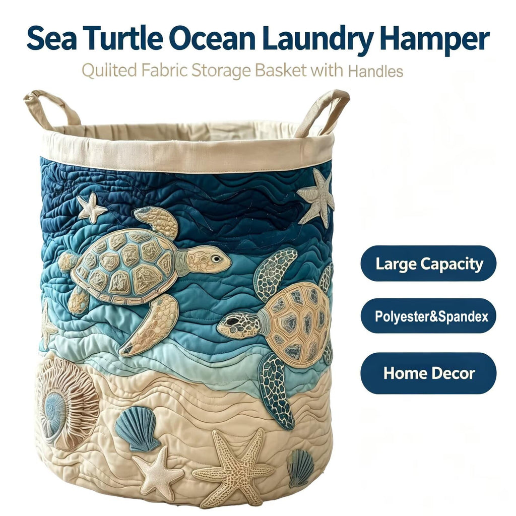 Sea Turtle Quilted Laundry Hamper Ocean Wave Starfish Boho Quilted Baskets