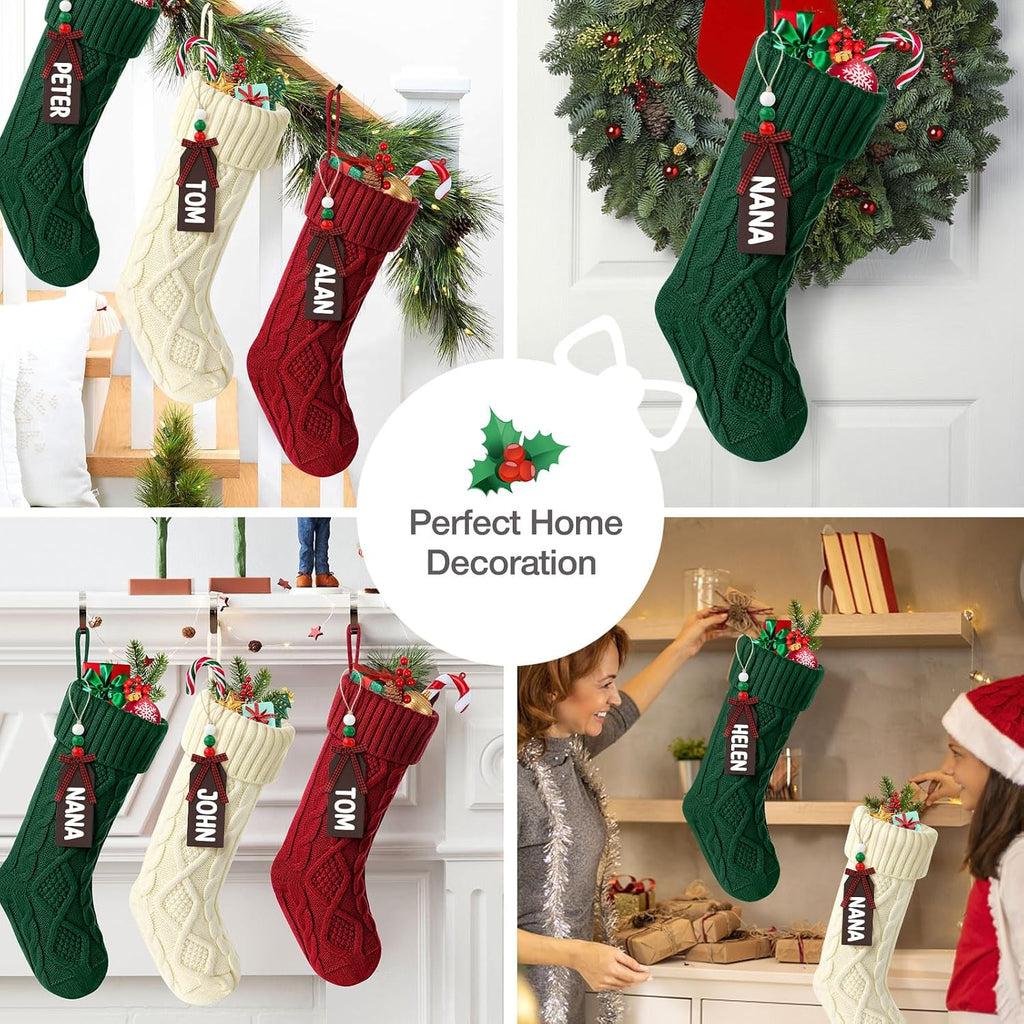 Christmas Stockings, 18 Inches Large Size Cable Knitted Stocking Gifts ( White&red&Green) - Set of 6
