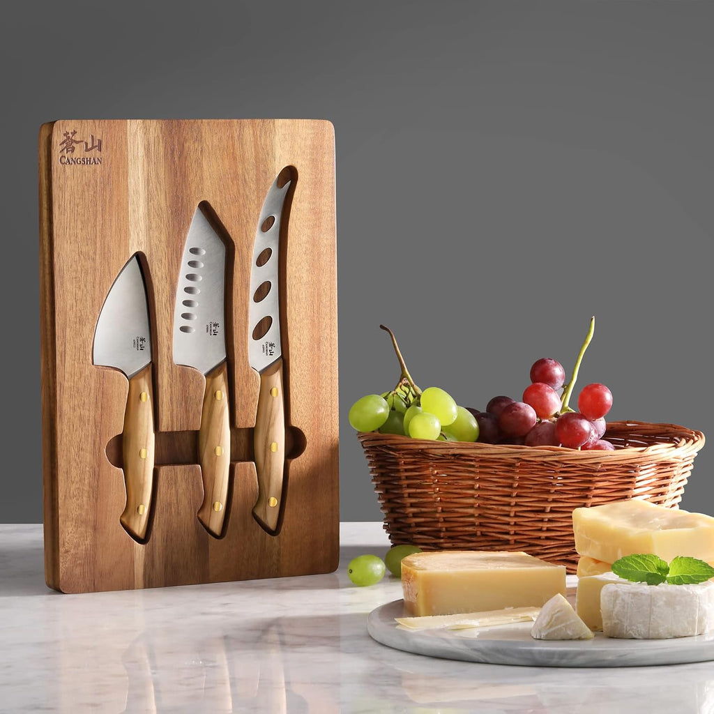 3-Piece Olive Wood Cheese Knife Set with Acacia Cheese Board