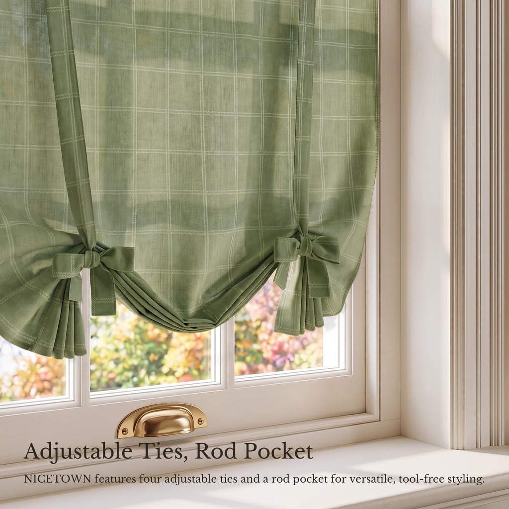 Tie Up Curtains for Windows Plaid Pattern, Linen Blend Roman Shades W46 x L63 in, Vintage Bathroom Curtains Window