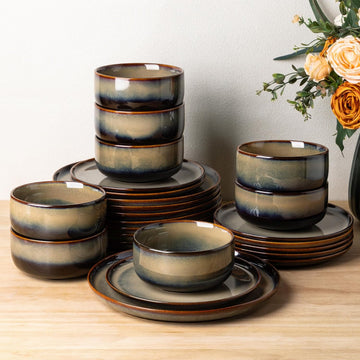 Ceramic Dinnerware Sets for 8, 24 Pieces Handmade Reactive Glaze Plates and Bowls Set, Scratch Resistant Dish Set