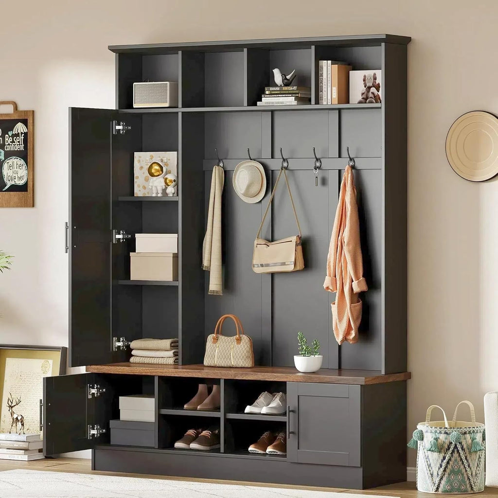 Rustic Hall Tree with Bench and Shoe Storage, 55''W Entryway Bench with Coat Rack, 6 Hooks, Storage Cabinets & Top