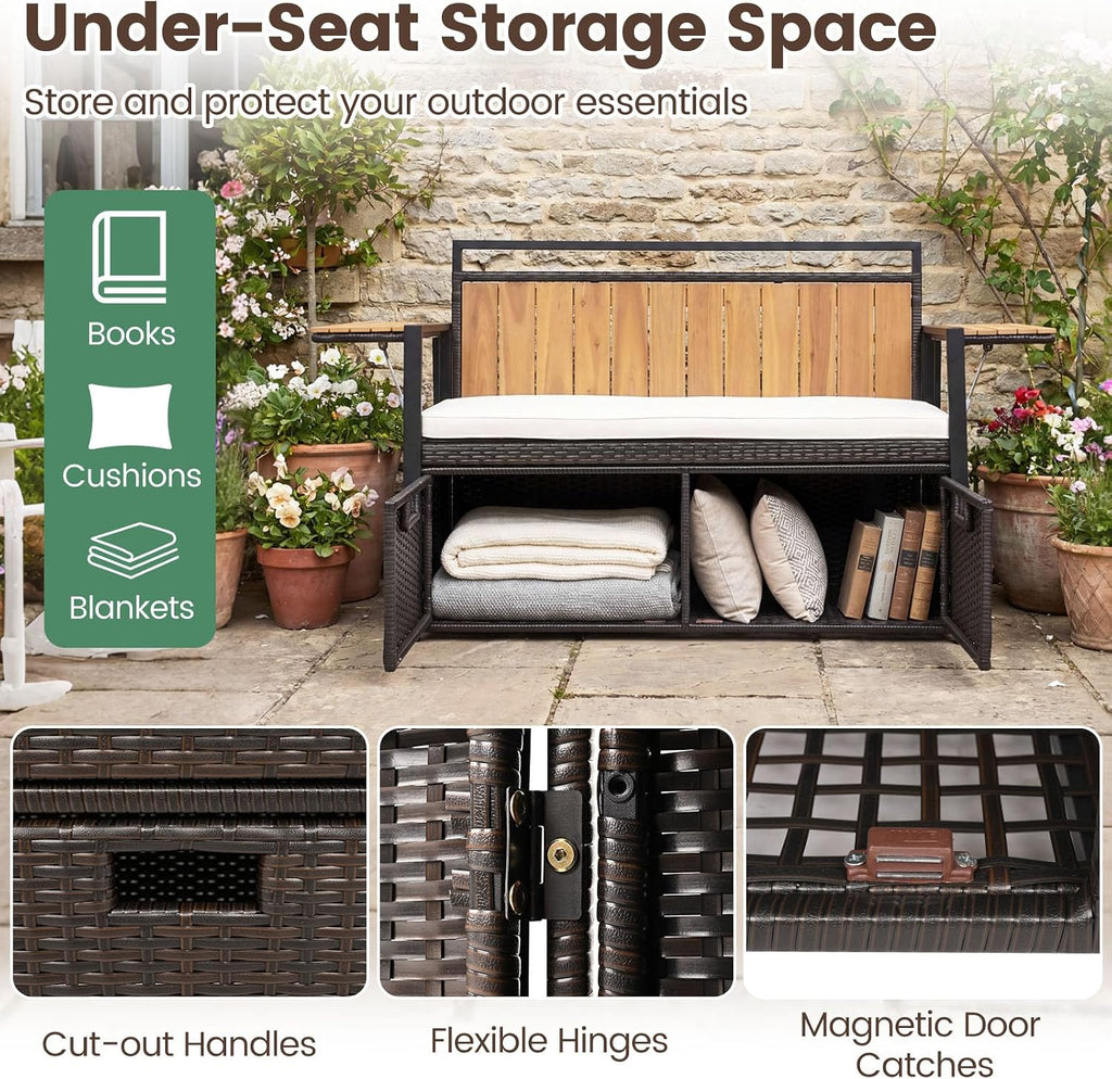 Outdoor Storage Bench, Outside Cushioned Loveseat Seating with Acacia Wood Backrest, 2 Folding Side Tables & 2 Doors