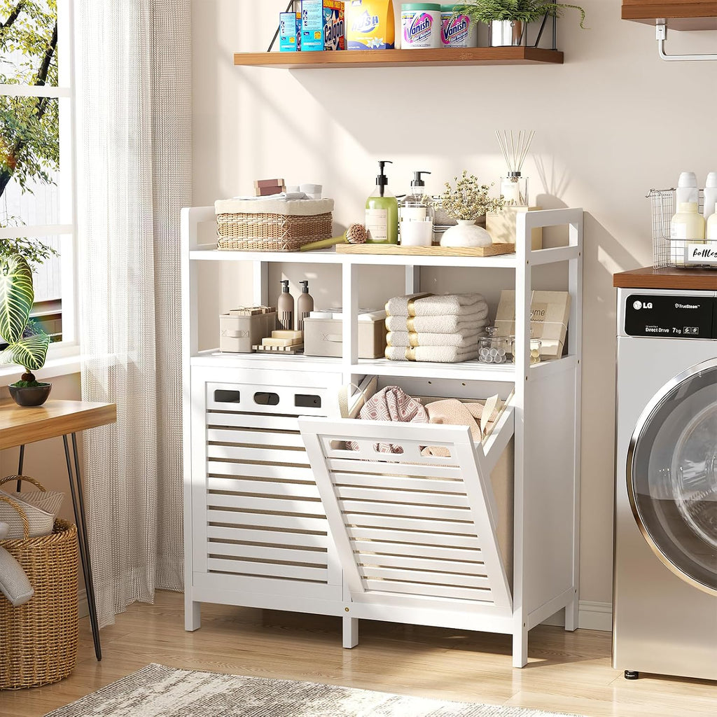 Tilt Out Laundry Hamper Cabinet, Bamboo Double Laundry Hamper with 2 Removable Laundry Baskets, 20 Gal Laundry Sorter