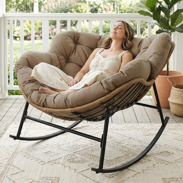 Outdoor Papasan Rocking Chair, Oversized Egg Patio Lounge Chair | 450 Lbs Capacity, Large Size, Brown Rattan Frame