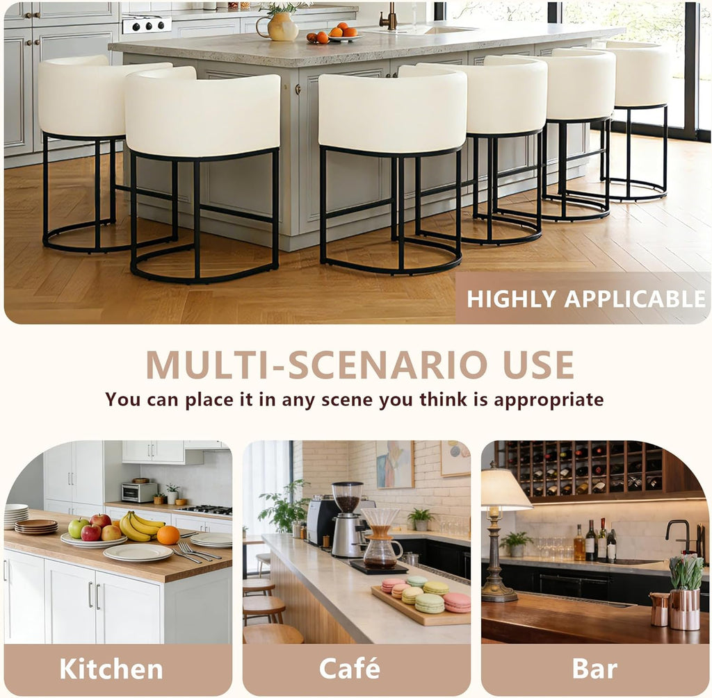 26" H Counter Height Bar Stools Set of 3, Modern Barrel Counter Chairs with Backrest and Arms, Faux Leather