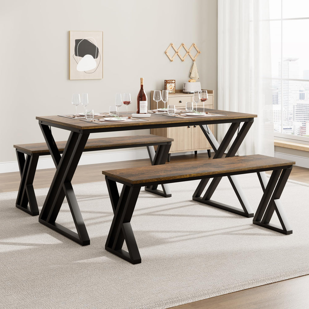 Dining Table Bench Set for 4, Kitchen Table Set with 2 Benches, Rectangular Dining Room Table Set with Sturdy Metal
