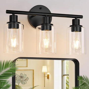 3-Light Bathroom Light Fixtures, 17.23" Black Modern Vanity Lights with Clear Glass Shade, Bathroom Wall Lamp for