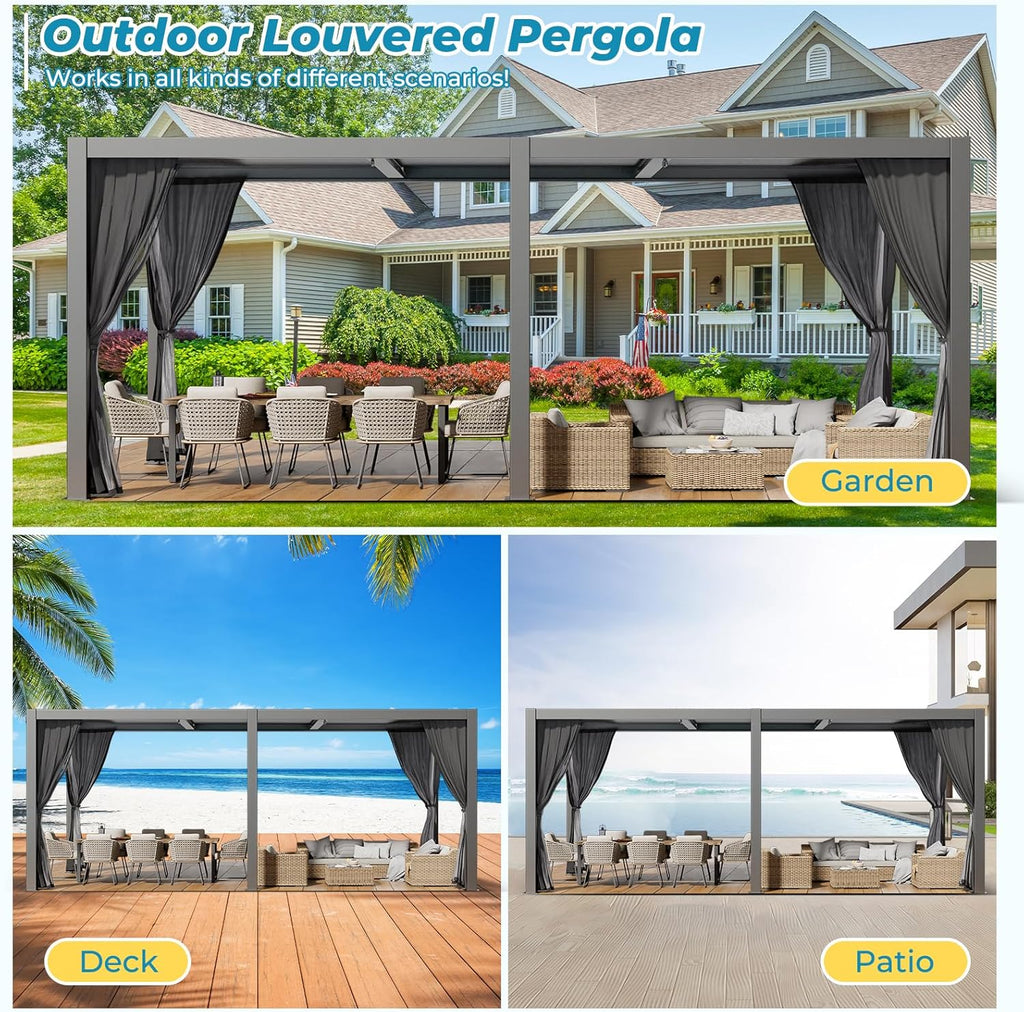 Outdoor Louvered Pergola 10' x 20', Aluminum Pergola with Adjustable Roof