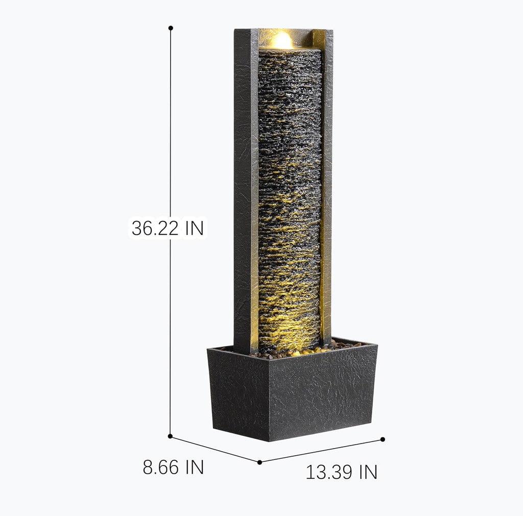 Outdoor Floor Standing Water Fountain with LED Lights, 36-Inch Modern Rectangular Cascading Waterfall Feature